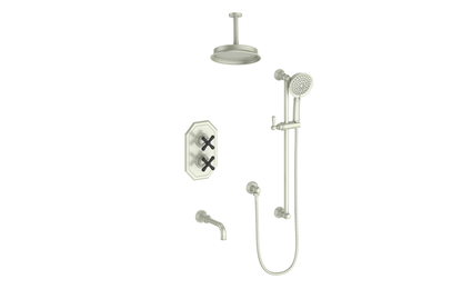 Vogt Carinthia 3-Way Thermostatic Shower System Trim, 6" Ceiling Arm, in Brushed Nickel & Matte Black with Cross Handle – TM.C31.320.316.BB