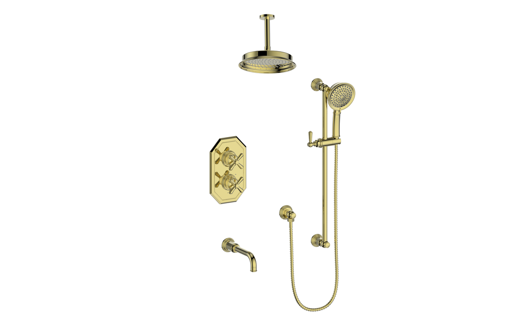 Vogt Carinthia 3-Way Thermostatic Shower System Trim, 6" Ceiling Arm, in Brushed Gold with Cross Handle – TM.C31.320.316.BG