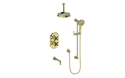 Vogt Carinthia 3-Way Thermostatic Shower System Trim, 6" Ceiling Arm, in Brushed Gold & Matte Black with Cross Handle – TM.C31.320.316.BGB