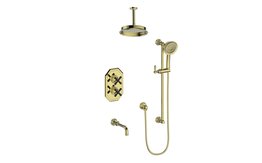 Vogt Carinthia 3-Way Thermostatic Shower System Trim, 6" Ceiling Arm, in Brushed Gold & Matte Black with Cross Handle – TM.C31.320.316.BGB