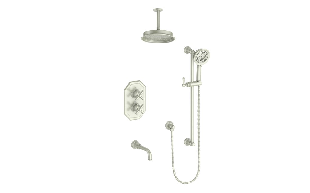 Vogt Carinthia 3-Way Thermostatic Shower System Trim, 6" Ceiling Arm, in Brushed Nickel with Cross Handle – TM.C31.320.316.BN
