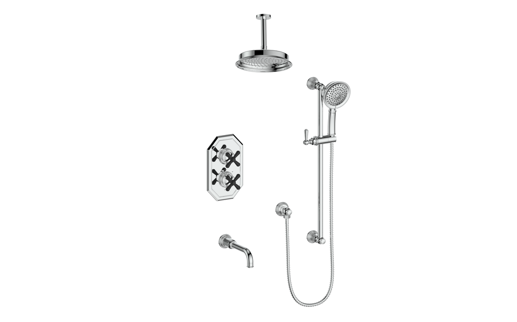 Vogt Carinthia 3-Way Thermostatic Shower System Trim, 6" Ceiling Arm, in Chrome & Matte Black with Cross Handle – TM.C31.320.316.CB