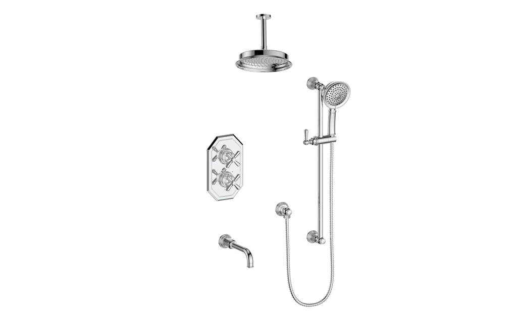 Vogt Carinthia 3-Way Thermostatic Shower System Trim, 6" Ceiling Arm, in Polished Chrome with Cross Handle – TM.C31.320.316.CC