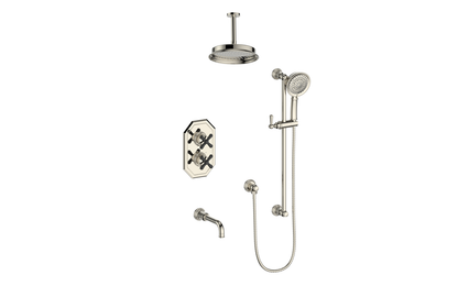 Vogt Carinthia 3-Way Thermostatic Shower System Trim, 6" Ceiling Arm, in Polished Nickel & Matte Black with Cross Handle – TM.C31.320.316.PB