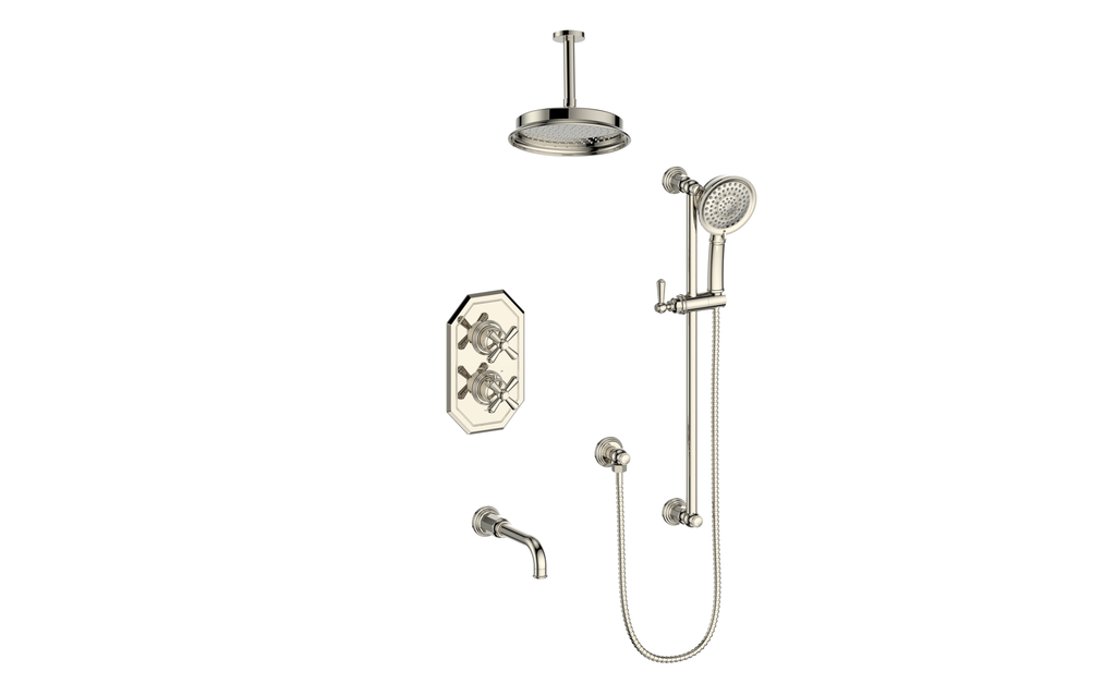 Vogt Carinthia 3-Way Thermostatic Shower System Trim, 6" Ceiling Arm, in Polished Nickel with Cross Handle – TM.C31.320.316.PN
