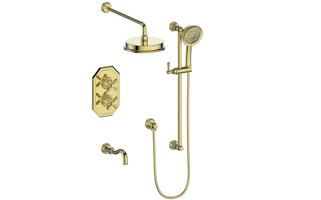 Vogt Carinthia 3-Way Thermostatic Shower System Trim in Brushed Gold with Cross Handle – TM.C32.320.310.BG