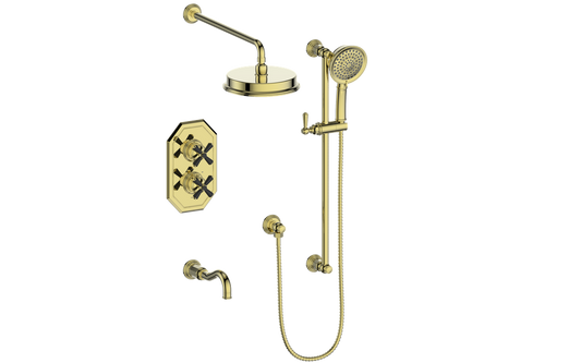 Vogt Carinthia 3-Way Thermostatic Shower System Trim in Brushed Gold & Matte Black with Cross Handle – TM.C32.320.310.BGB