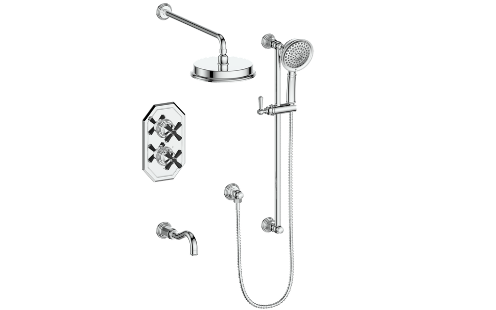Vogt Carinthia 3-Way Thermostatic Shower System Trim in Chrome & Matte Black with Cross Handle – TM.C32.320.310.CB