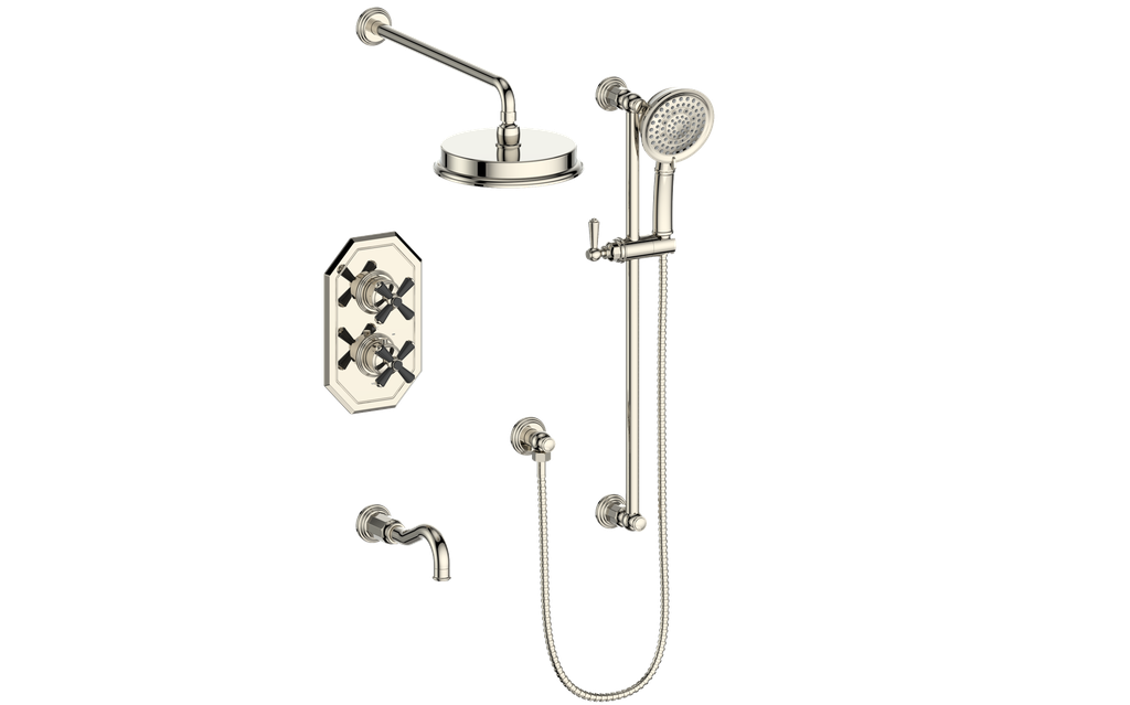 Vogt Carinthia 3-Way Thermostatic Shower System Trim in Polished Nickel & Matte Black with Cross Handle – TM.C32.320.310.PB