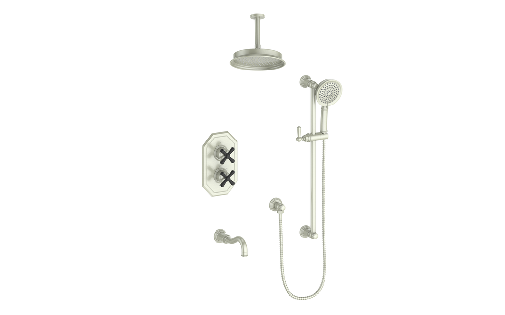 Vogt Carinthia 3-Way Thermostatic Shower System Trim, 6" Ceiling Arm, in Brushed Nickel & Matte Black with Cross Handle – TM.C32.320.316.BB