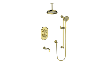 Vogt Carinthia 3-Way Thermostatic Shower System Trim, 6" Ceiling Arm, in Brushed Gold with Cross Handle – TM.C32.320.316.BG