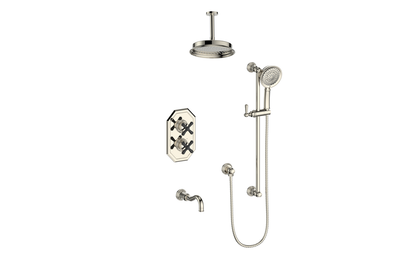 Vogt Carinthia 3-Way Thermostatic Shower System Trim, 6" Ceiling Arm, in Polished Nickel & Matte Black with Cross Handle – TM.C32.320.316.PB
