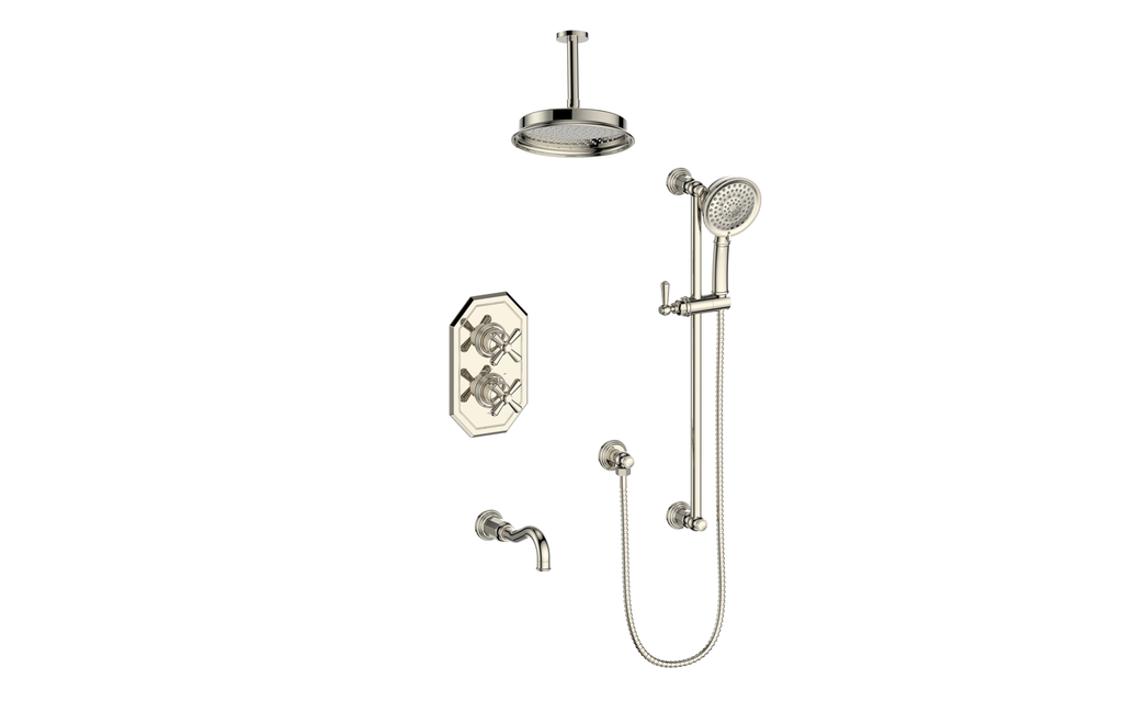 Vogt Carinthia 3-Way Thermostatic Shower System Trim, 6" Ceiling Arm, in Polished Nickel with Cross Handle – TM.C32.320.316.PN