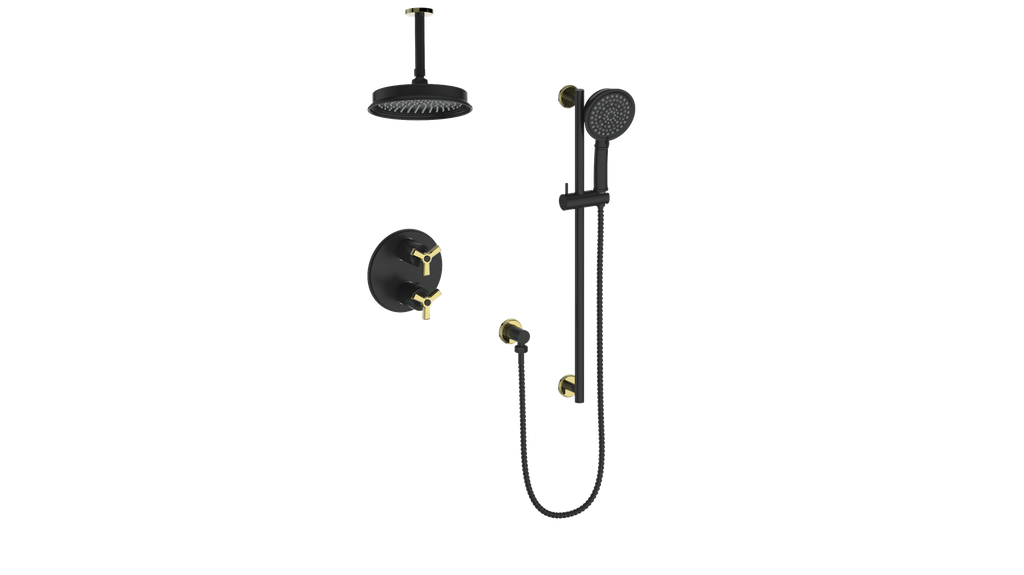 Vogt Zehn 2-Way Thermostatic Shower System Trim with 6" Ceiling Arm in Brushed Gold & Matte Black – TM.Z3.220.216.BGB