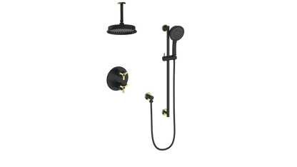 Vogt Zehn 2-Way Thermostatic Shower System Trim with 6" Ceiling Arm in Brushed Gold & Matte Black – TM.Z3.220.216.BGB
