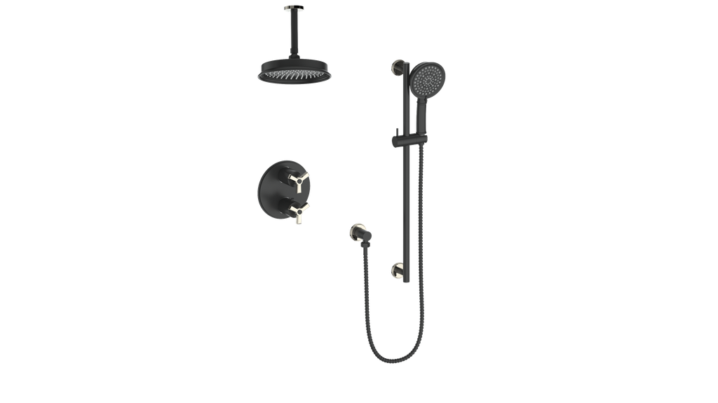 Vogt Zehn 2-Way Thermostatic Shower System Trim with 6" Ceiling Arm in Polished Nickel & Matte Black – TM.Z3.220.216.PB