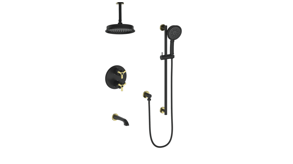 Vogt Zehn Trim for 3-Way Thermostatic Shower System with 6" Ceiling Arm, 3-Spoke Handle - Brushed Gold / Matte Black (TM.Z3.320.316.BGB)