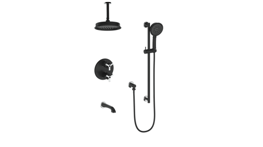 Vogt Zehn Trim for 3-Way Thermostatic Shower System with 6" Ceiling Arm, 3-Spoke Handle - Chrome / Matte Black (TM.Z3.320.316.CB)
