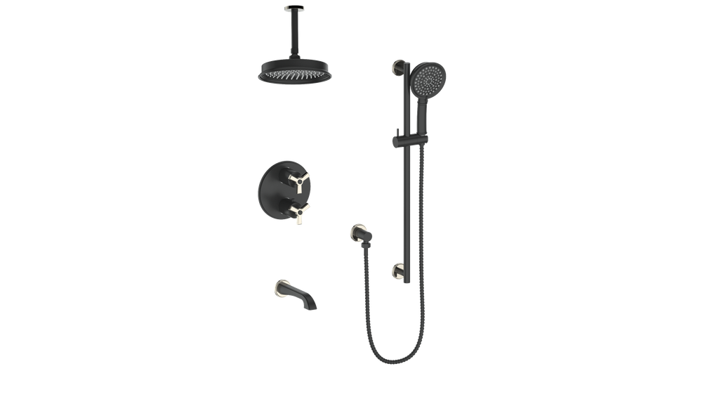 Vogt Zehn Trim for 3-Way Thermostatic Shower System with 6" Ceiling Arm, 3-Spoke Handle - Polished Nickel / Matte Black (TM.Z3.320.316.PB)