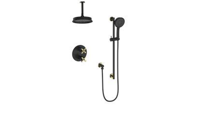 Vogt Zehn 2-Way Thermostatic Shower System Trim with 6" Ceiling Arm in Brushed Gold & Matte Black – TM.Z4.220.216.BGB