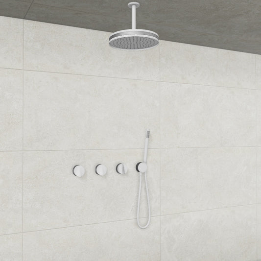 Baril Flora B47 ceiling-mount thermostatic shower system in White with Matte Silver accents — TRR-3302-47