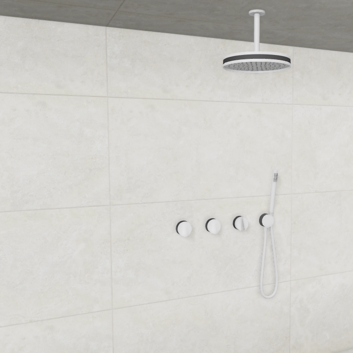 Baril Flora B47 ceiling-mount thermostatic shower system in White with Smokey Chrome accents — TRR-3302-47