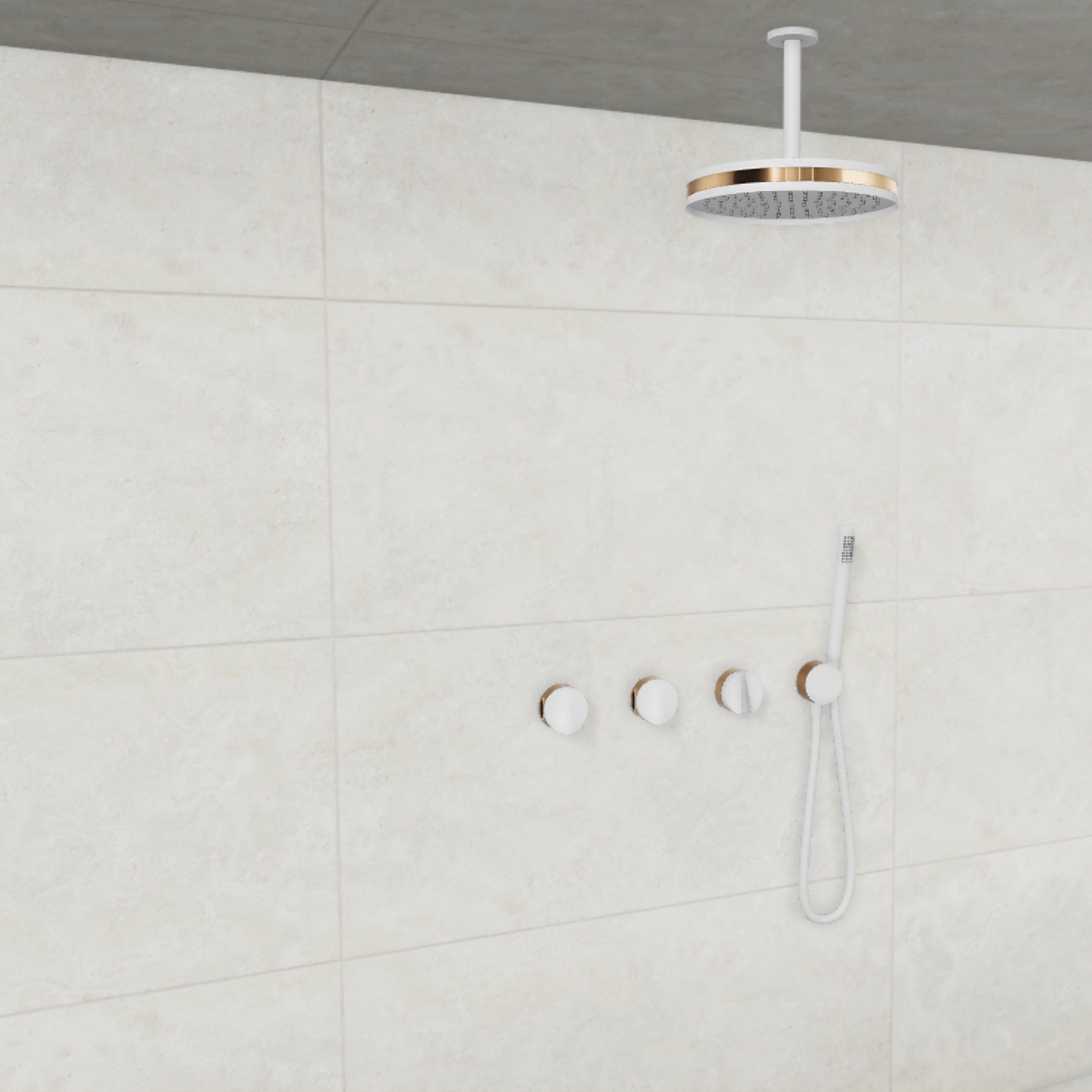 Baril Flora B47 ceiling-mount thermostatic shower system in White with Gold accents — TRR-3302-47