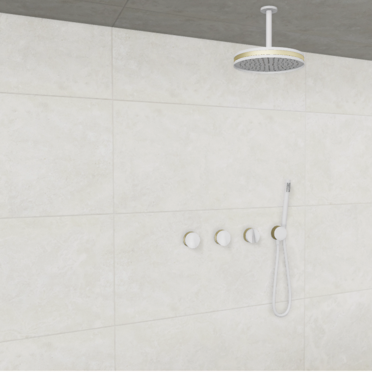 Baril Flora B47 ceiling-mount thermostatic shower system in White with Satin Brass accents — TRR-3302-47