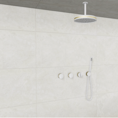 Baril Flora B47 ceiling-mount thermostatic shower system in White with Satin Brass accents — TRR-3302-47