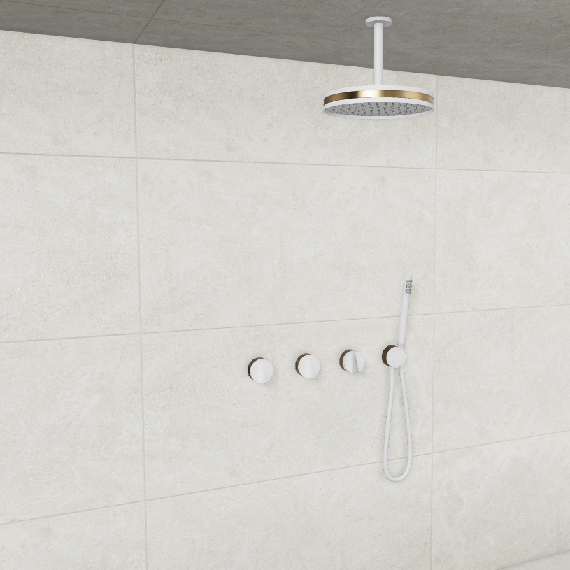 Baril Flora B47 ceiling-mount thermostatic shower system in White with Warm Gold accents — TRR-3302-47