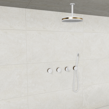 Baril Flora B47 ceiling-mount thermostatic shower system in White with Warm Gold accents — TRR-3302-47