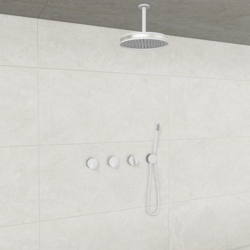Baril Flora B47 ceiling-mount thermostatic shower system in White with Brushed Nickel accents — TRR-3302-47