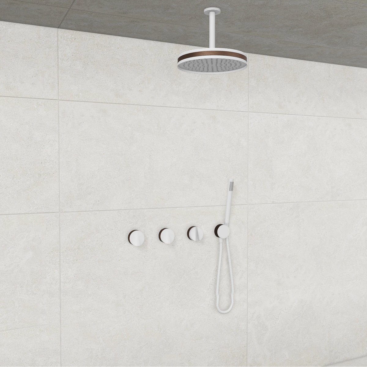 Baril Flora B47 ceiling-mount thermostatic shower system in White with Venetian Bronze accents — TRR-3302-47