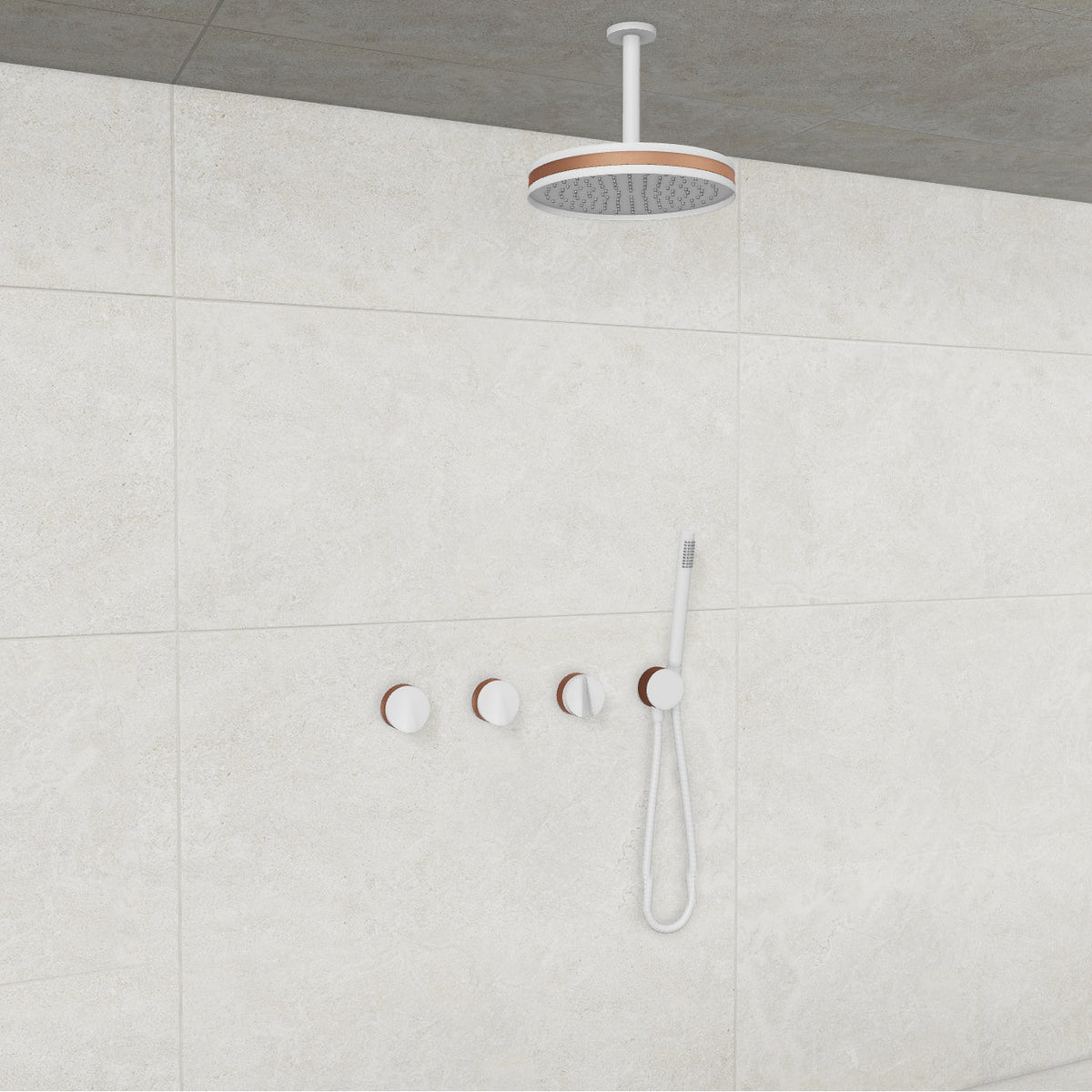 Baril Flora B47 ceiling-mount thermostatic shower system in White with Satin Copper accents — TRR-3302-47
