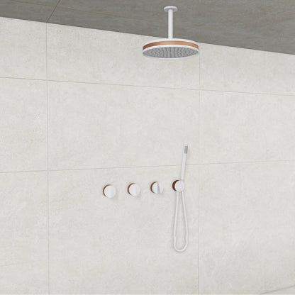 Baril Flora B47 ceiling-mount thermostatic shower system in White with Satin Copper accents — TRR-3302-47