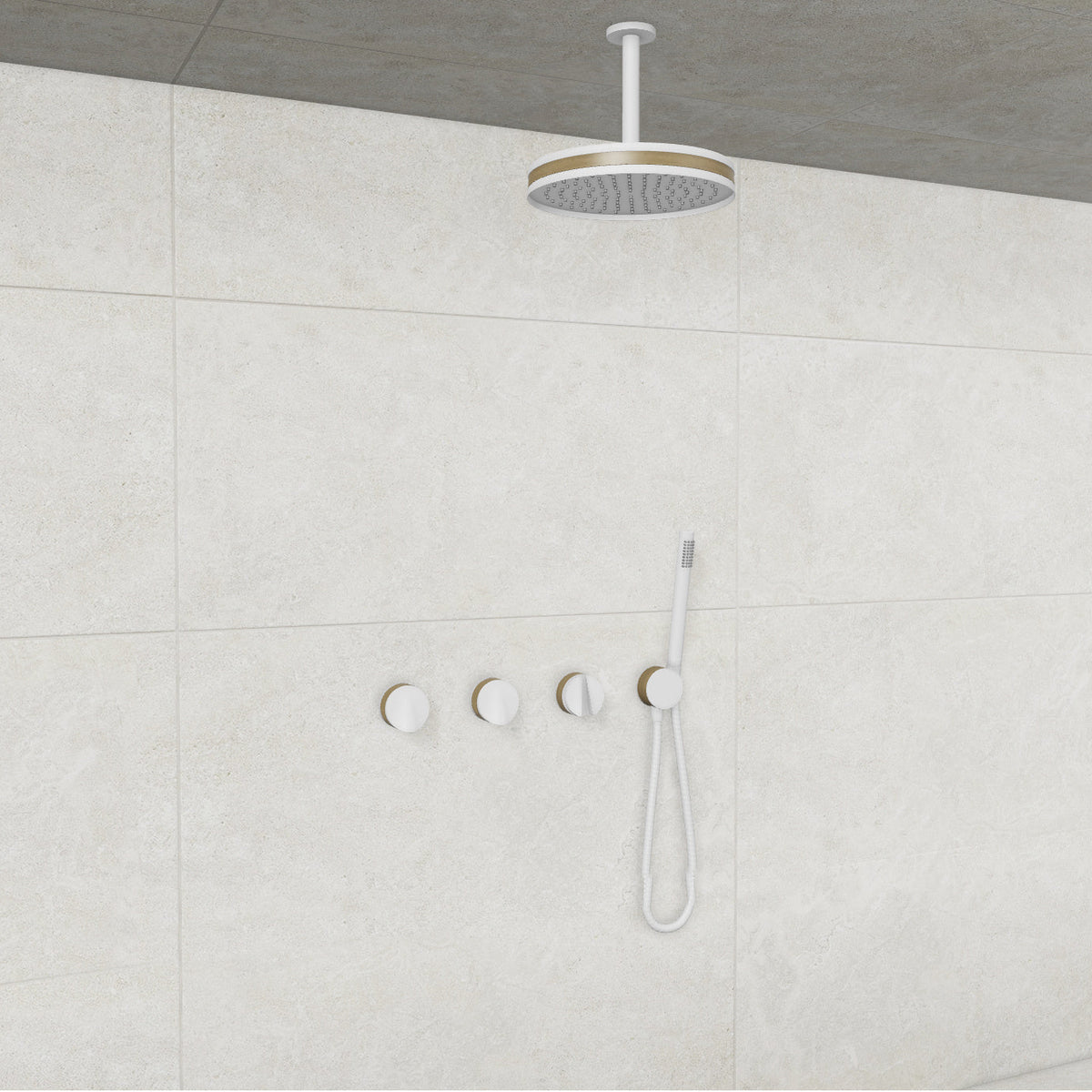 Baril Flora B47 ceiling-mount thermostatic shower system in White with Wood accents — TRR-3302-47