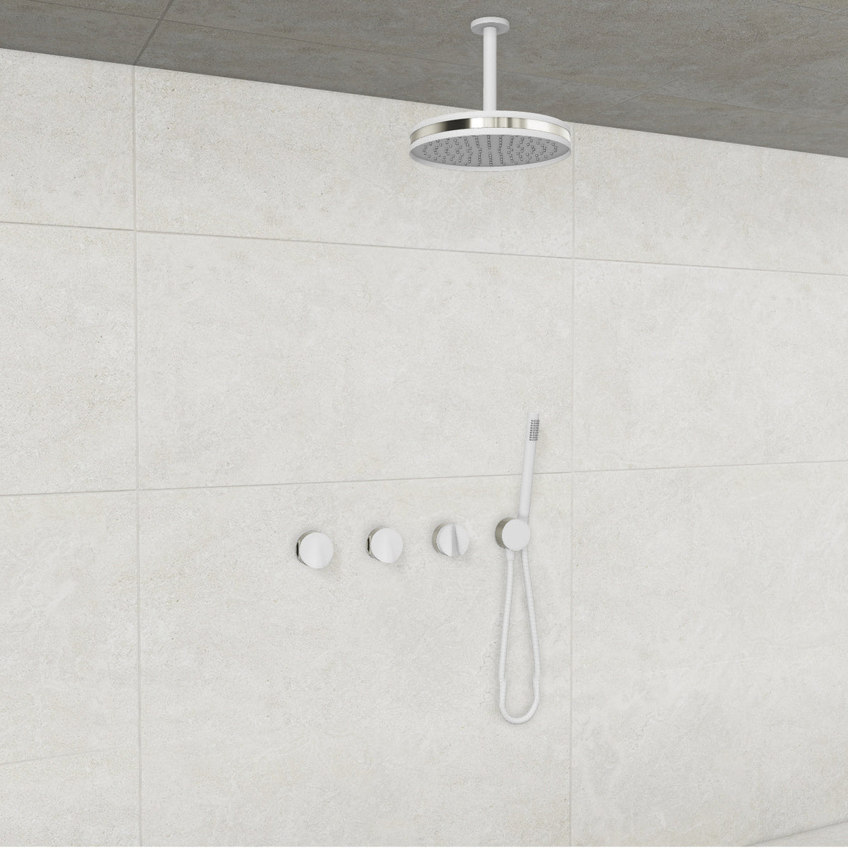Baril Flora B47 ceiling-mount thermostatic shower system in White with Polished Nickel accents — TRR-3302-47