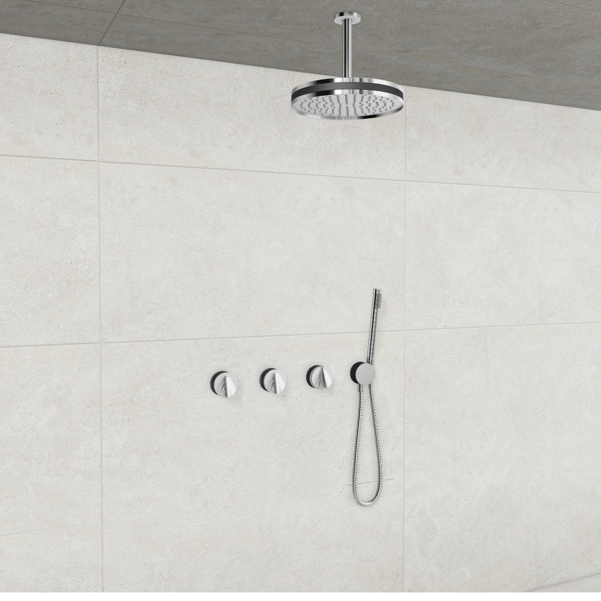 Baril Flora B47 ceiling-mount thermostatic shower system in Chrome with Matte Black accents — TRR-3302-47
