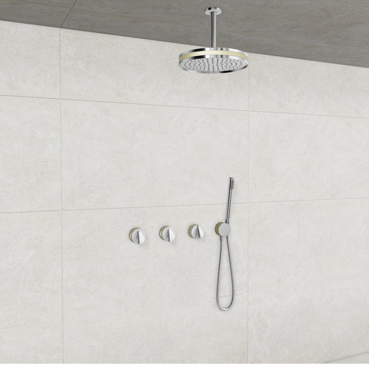 Baril Flora B47 ceiling-mount thermostatic shower system in Chrome with Satin Brass accents — TRR-3302-47