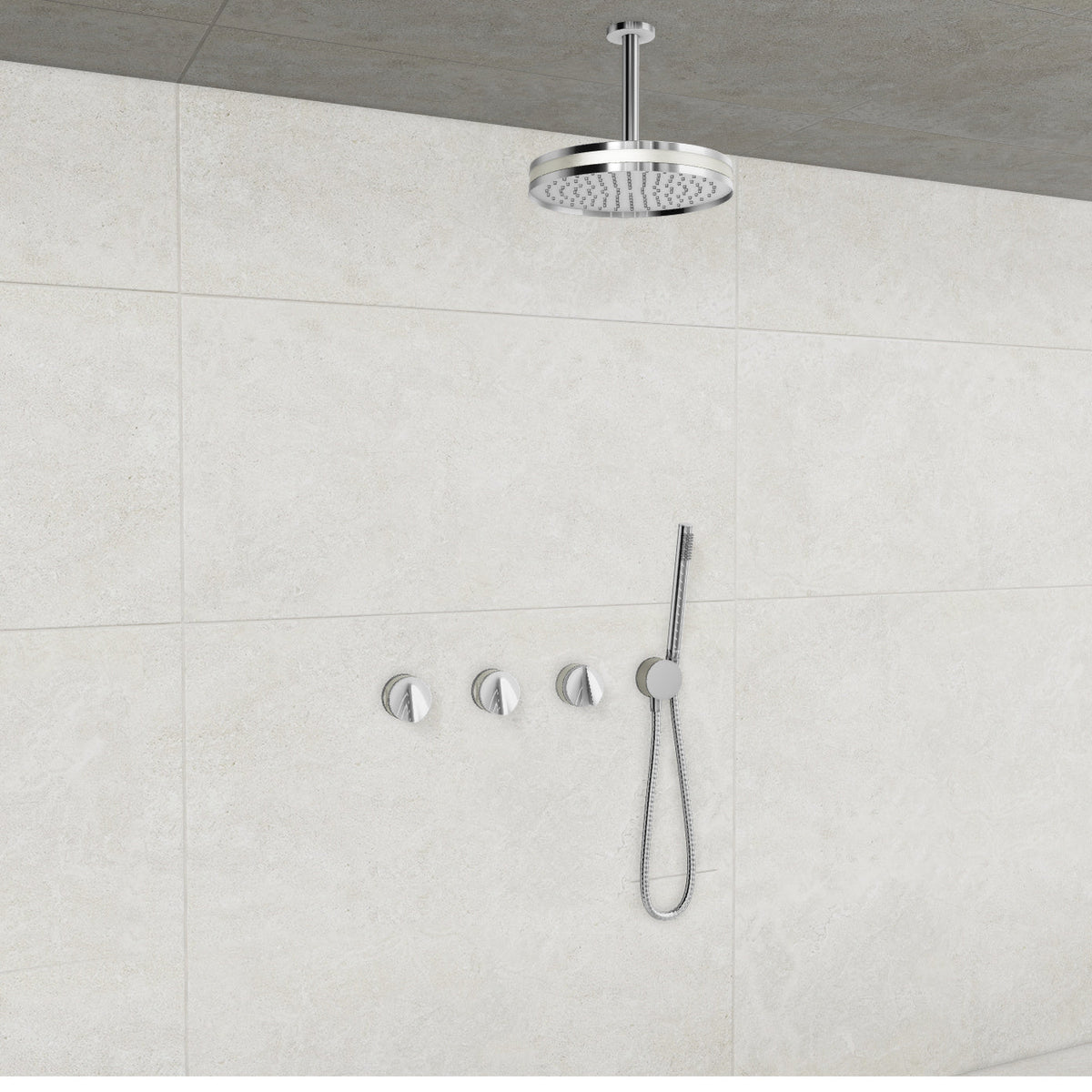 Baril Flora B47 ceiling-mount thermostatic shower system in Chrome with Brushed Nickel accents — TRR-3302-47