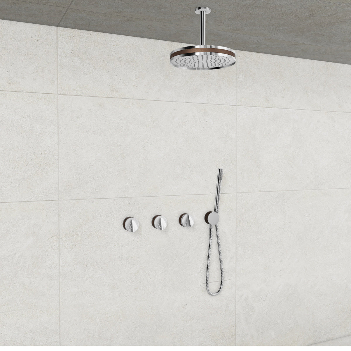Baril Flora B47 ceiling-mount thermostatic shower system in Chrome with Venetian Bronze accents — TRR-3302-47