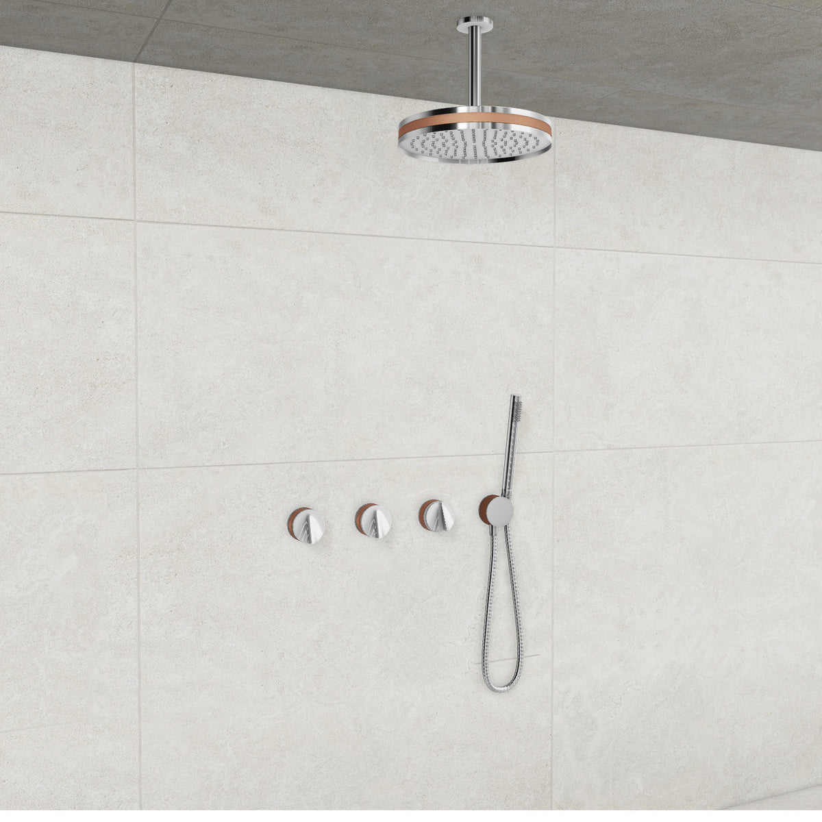Baril Flora B47 ceiling-mount thermostatic shower system in Chrome with Satin Copper accents — TRR-3302-47