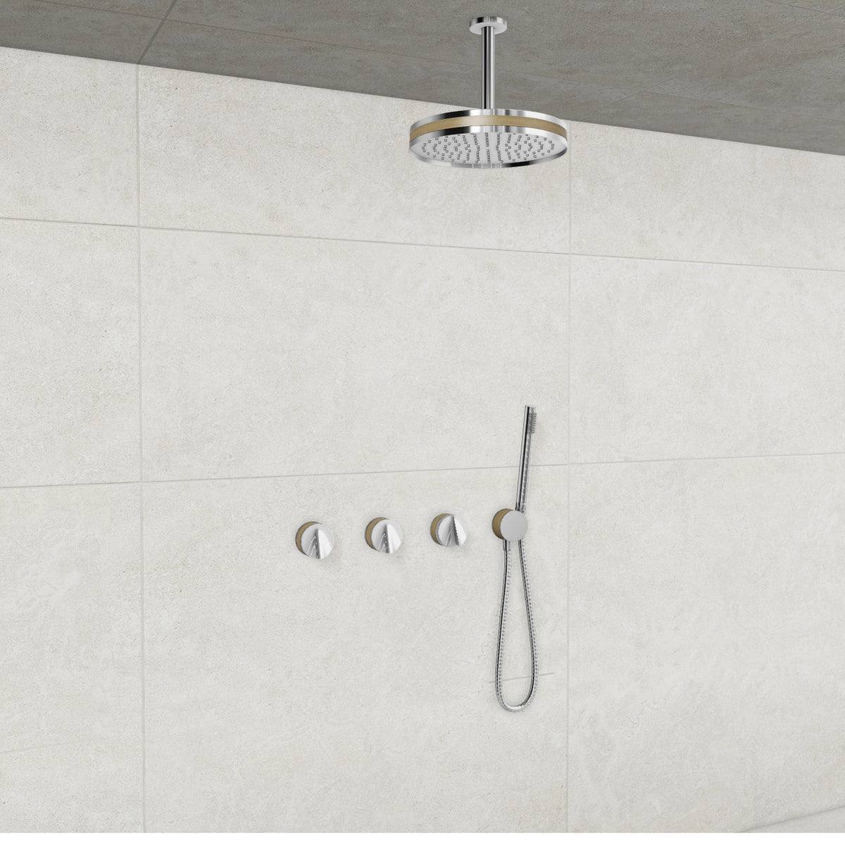 Baril Flora B47 ceiling-mount thermostatic shower system in Chrome with Wood accents — TRR-3302-47