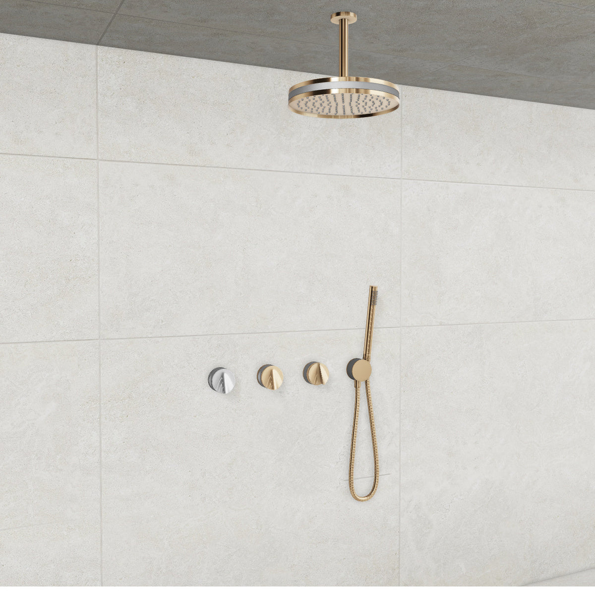 Baril Flora B47 ceiling-mount thermostatic shower system in Gold with Matte Silver accents — TRR-3302-47