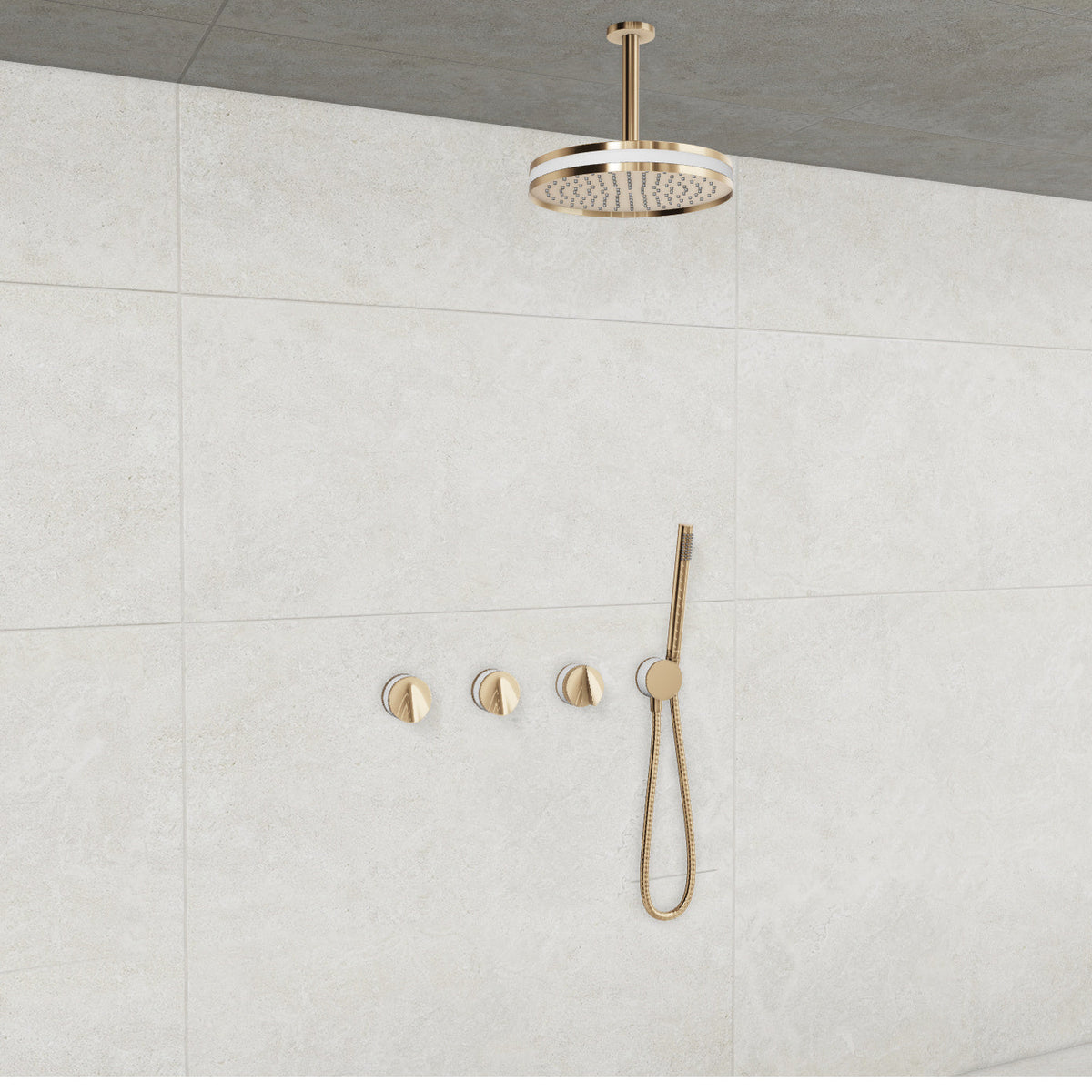 Baril Flora B47 ceiling-mount thermostatic shower system in Gold with White accents — TRR-3302-47