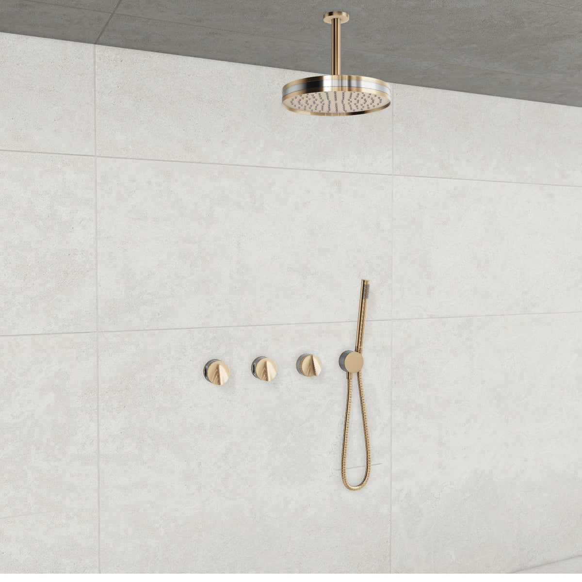 Baril Flora B47 ceiling-mount thermostatic shower system in Gold with Chrome accents — TRR-3302-47