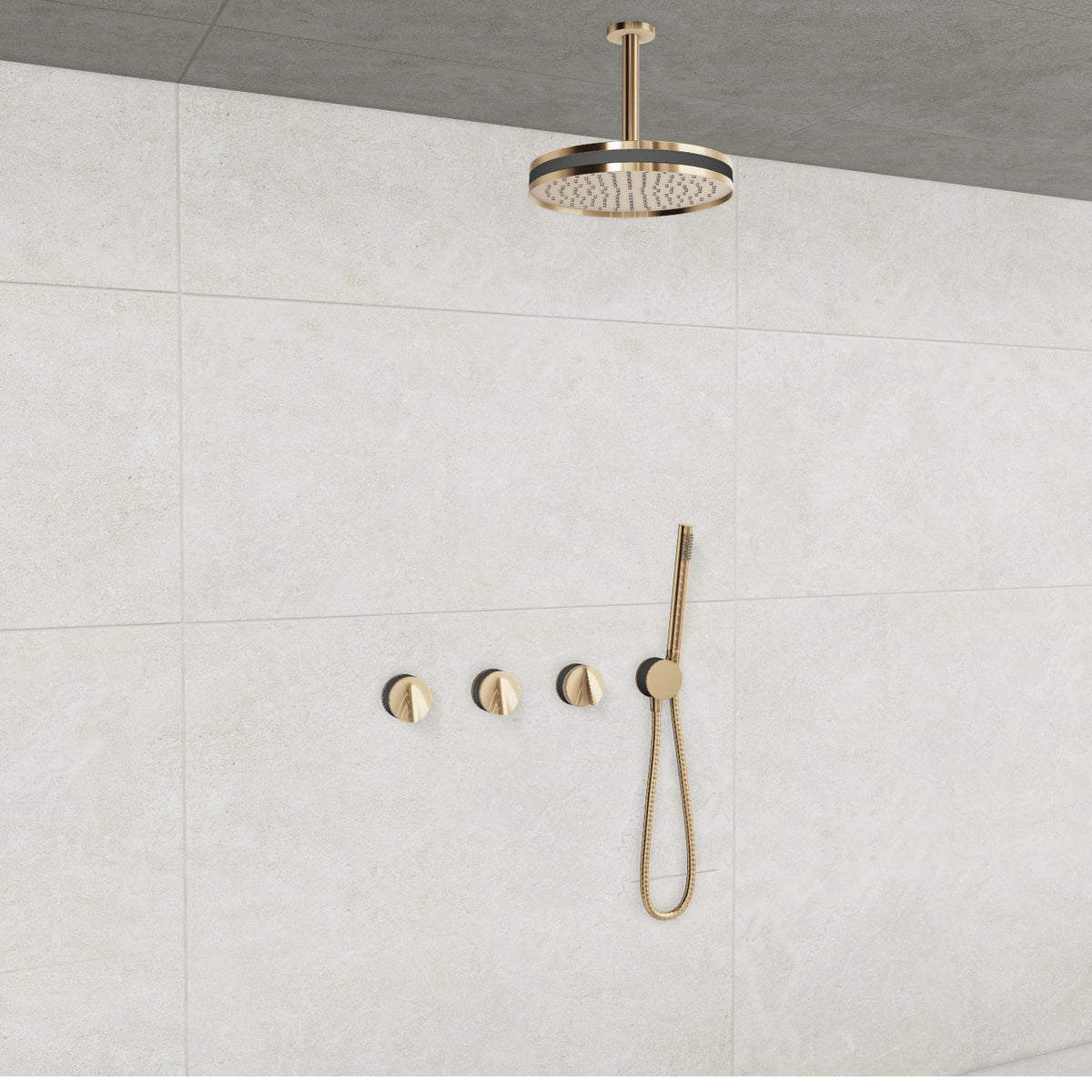 Baril Flora B47 ceiling-mount thermostatic shower system in Gold with Smokey accents — TRR-3302-47