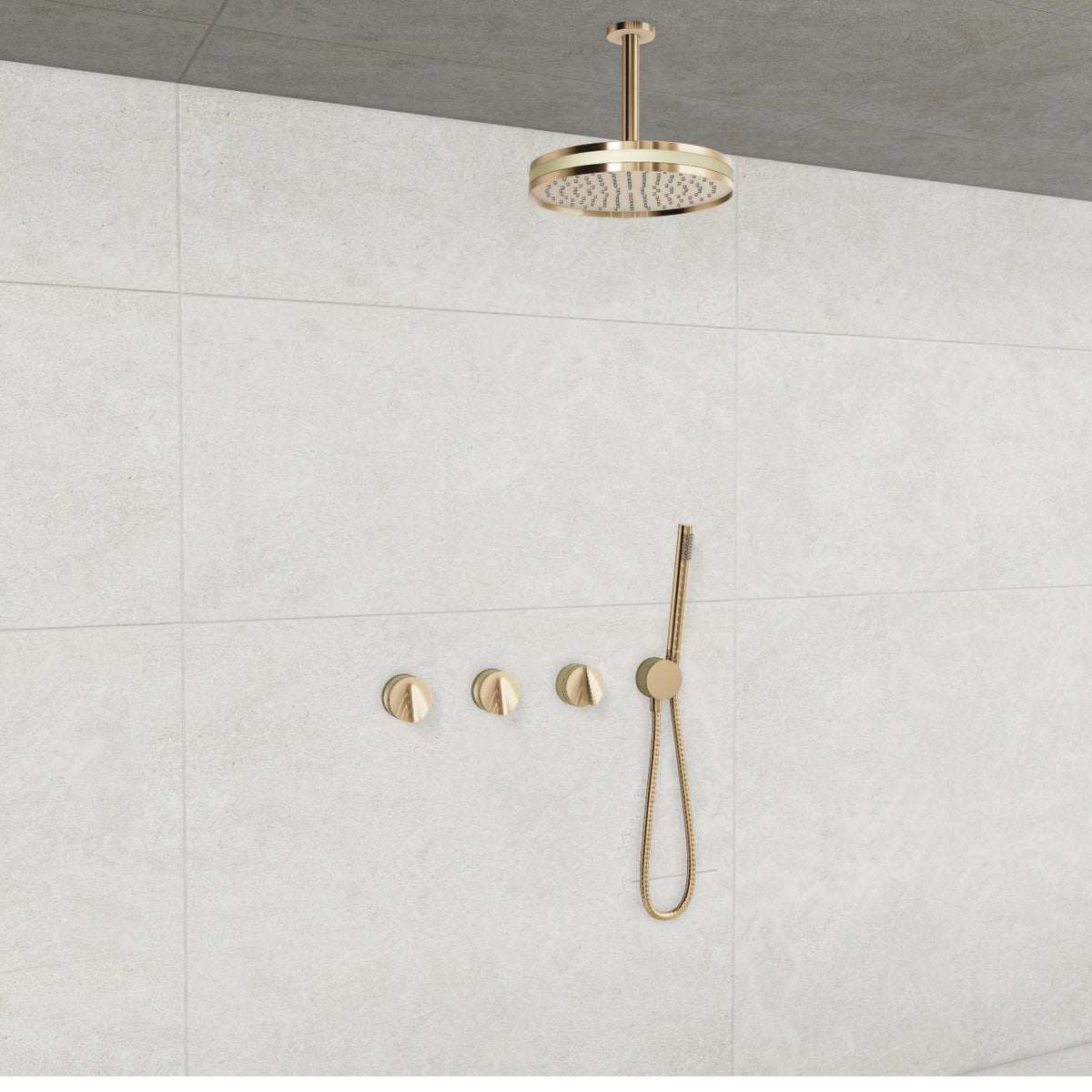 Baril Flora B47 ceiling-mount thermostatic shower system in Gold with Satin Brass accents — TRR-3302-47