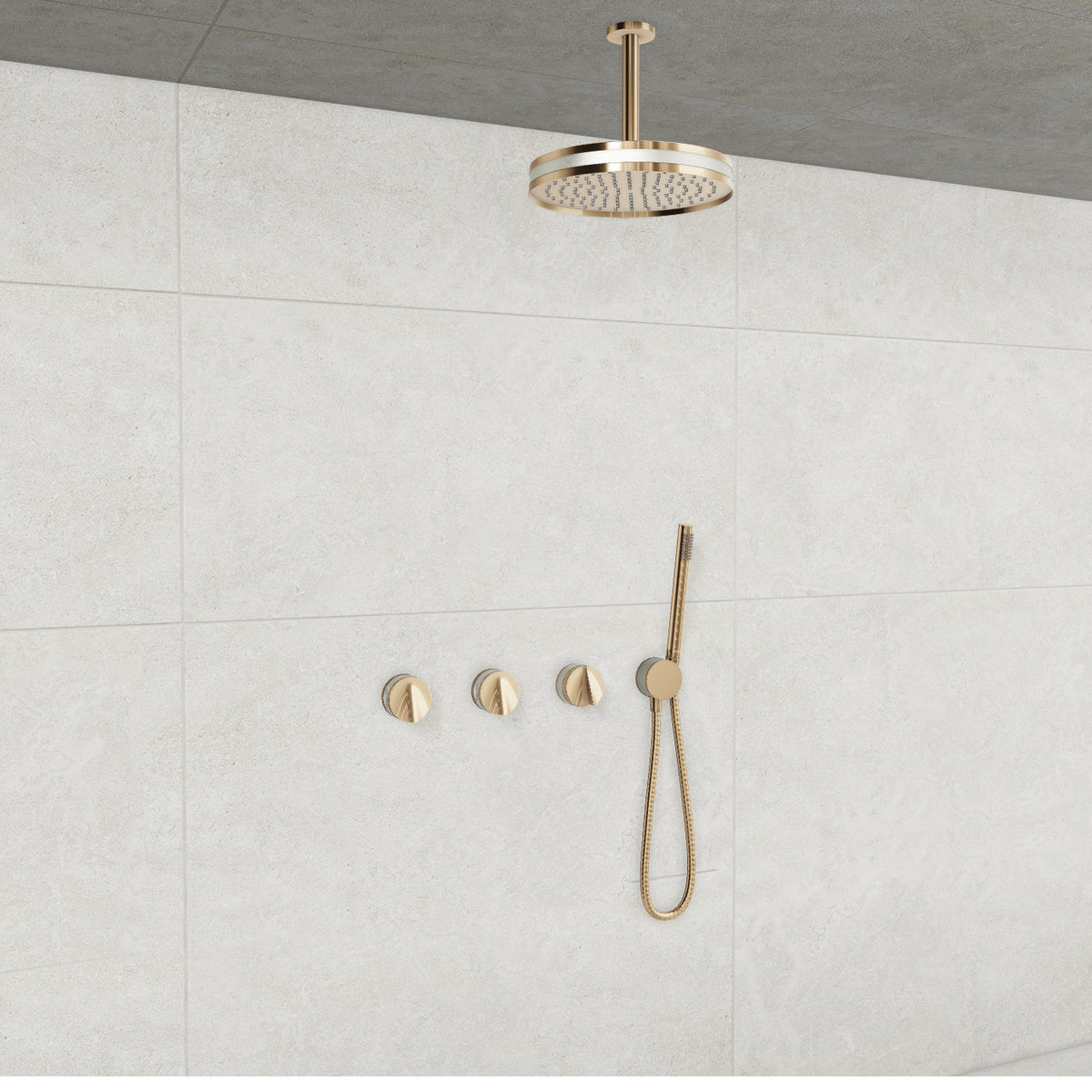 Baril Flora B47 ceiling-mount thermostatic shower system in Gold with Brushed Nickel accents — TRR-3302-47