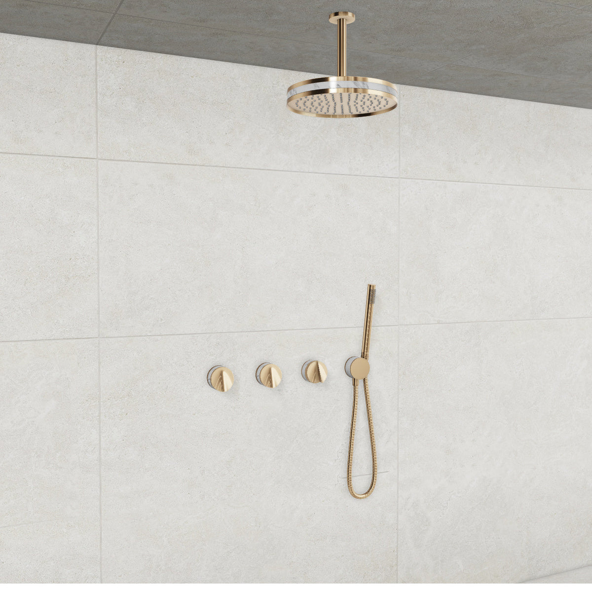 Baril Flora B47 ceiling-mount thermostatic shower system in Gold with Marble accents — TRR-3302-47